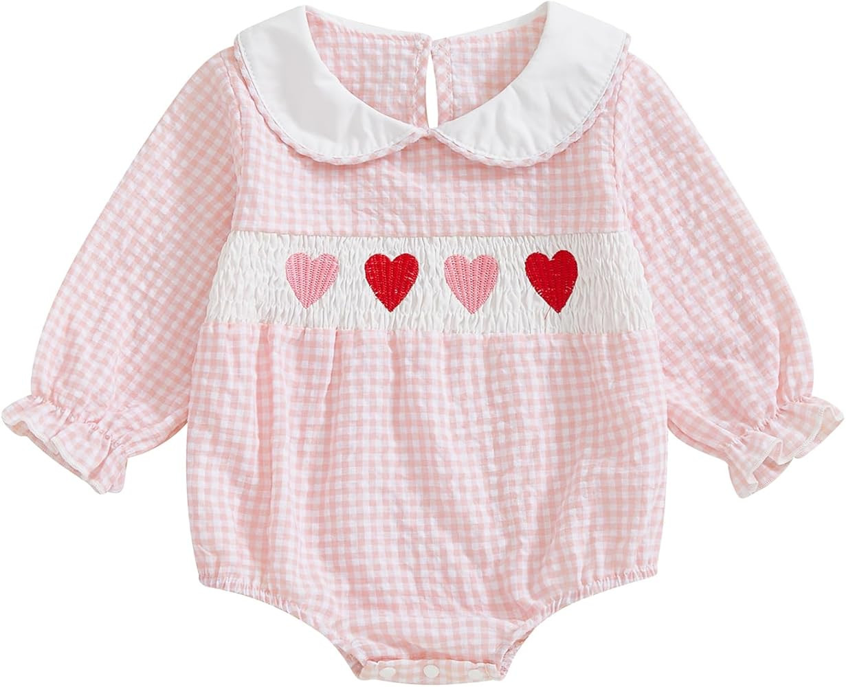 Newborn Baby Girl Plaid Bubble Romper Heart Embroidery Doll Collar Long Sleeve Smock Bodysuit Spr... | Amazon (US)