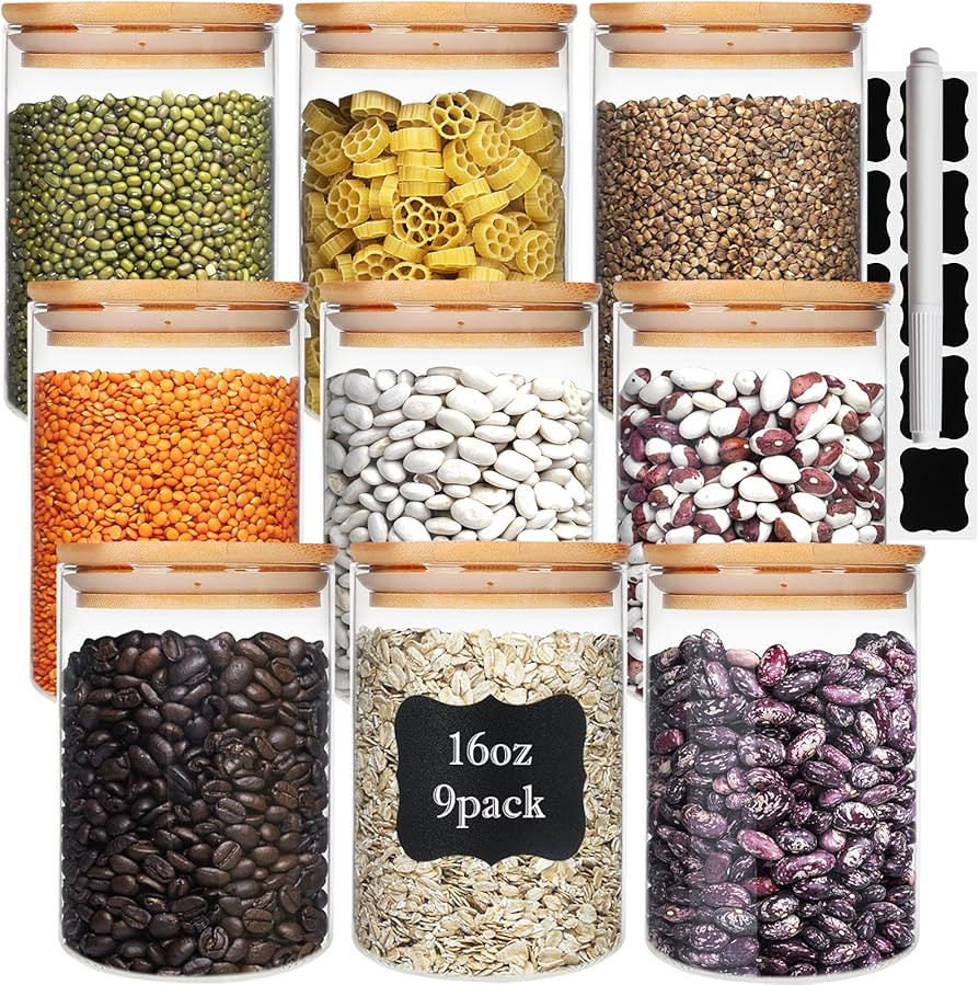 Glass Food Storage Containers Jars with Airtight Bamboo Lid 16oz 9pcs, 490ml Pantry Organization ... | Amazon (US)