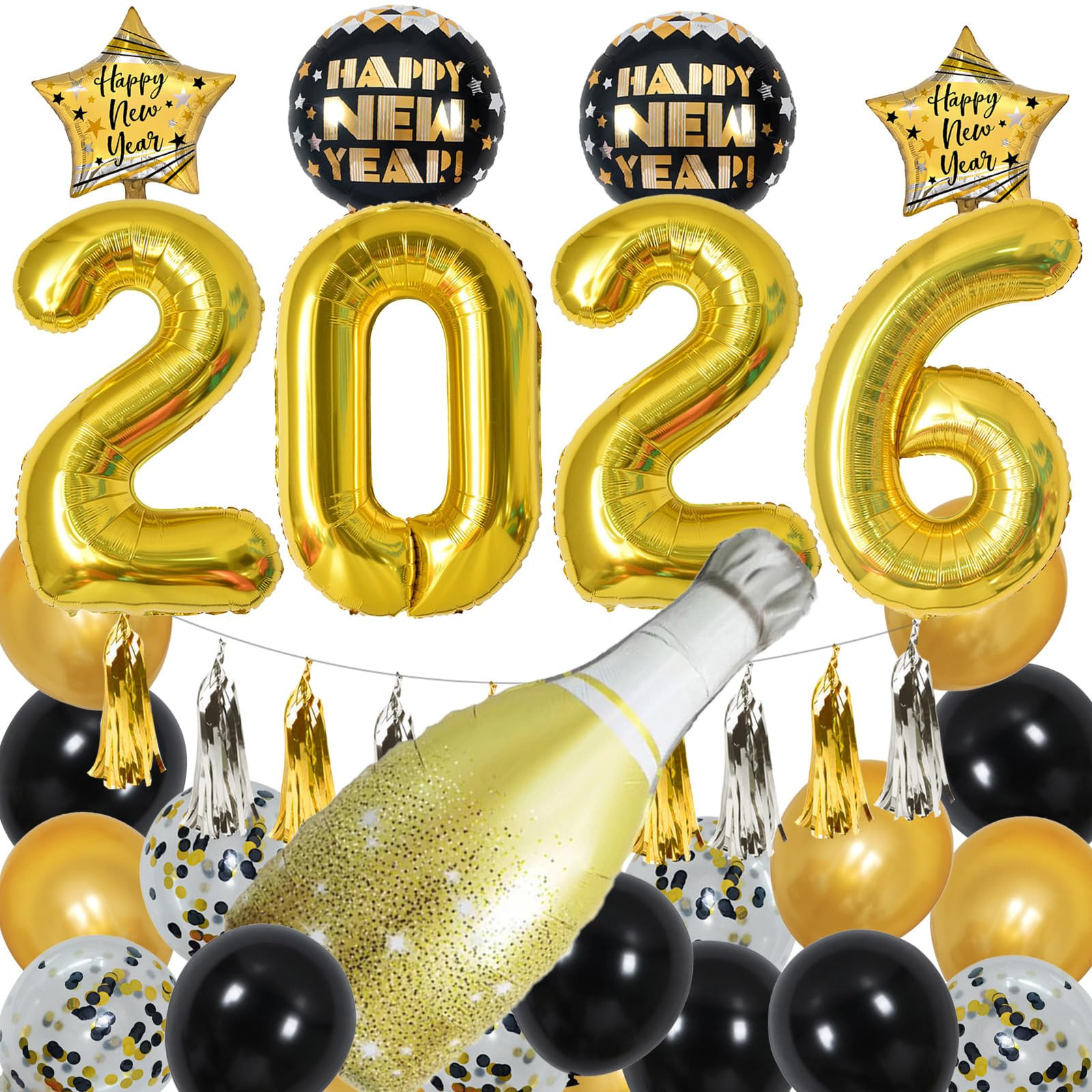 New Years Eve Party Supplies 2026, Huge 2026 Balloons Black Gold Banner Bottle Goblet Star Balloo... | Amazon (US)