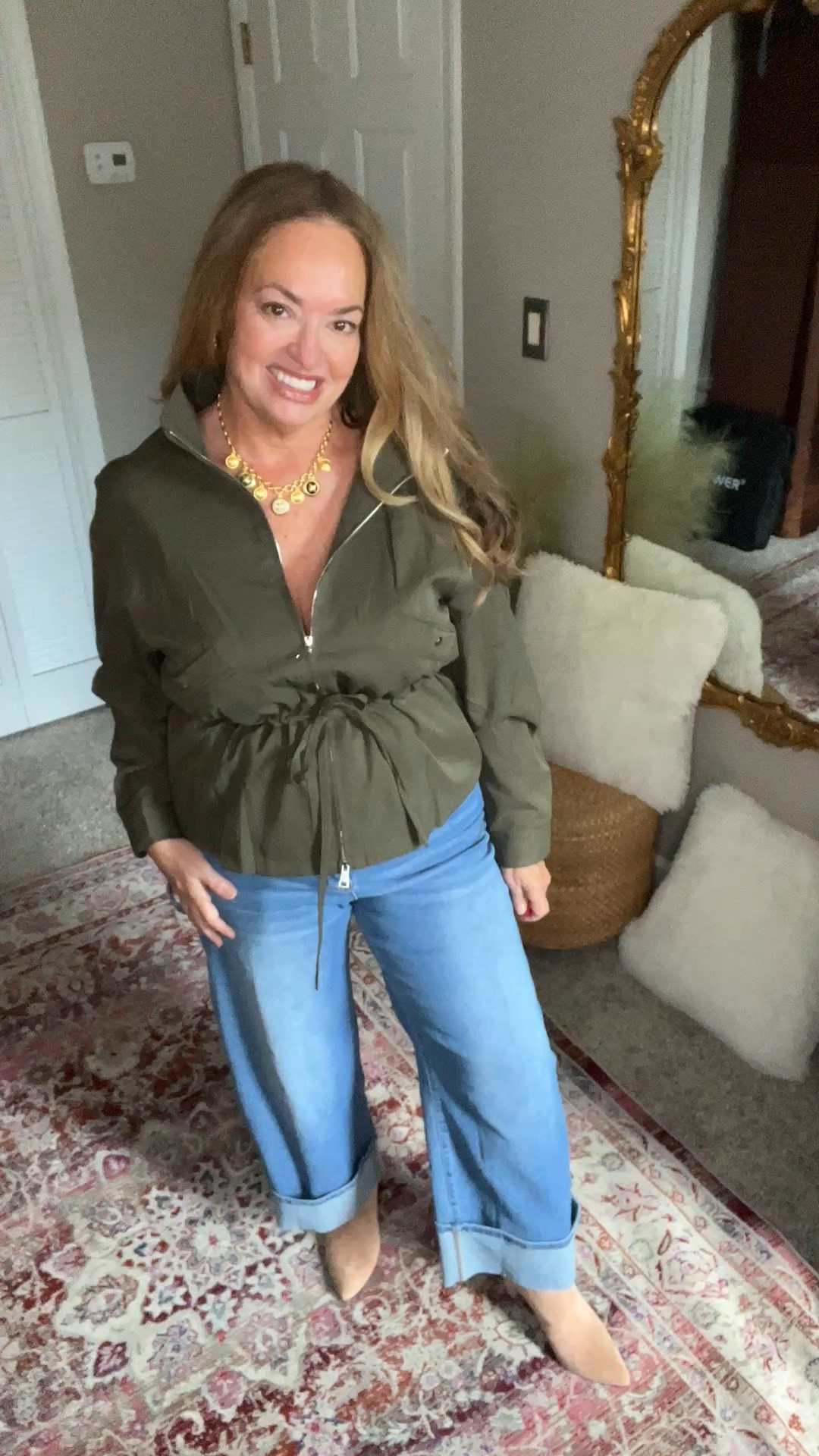 This olive funnel neck jacket with th waist defining detail is an  new updated Fall silhouette ! So flattering!