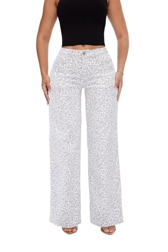 ONESO Mid-Low Rise Baggy Jeans Wide Leg for Women Distressed Pants Stretchy Bottom Lady Basic Comfortable Denim White Leopard | Amazon (US)