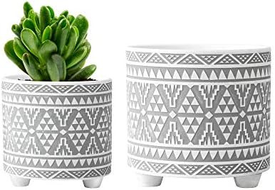 Set of 2 Planter Pots, 4 Inch & 6 Inch, Totem Design Ceramic Plants Pot with Drainage Hole, Grey/... | Amazon (US)