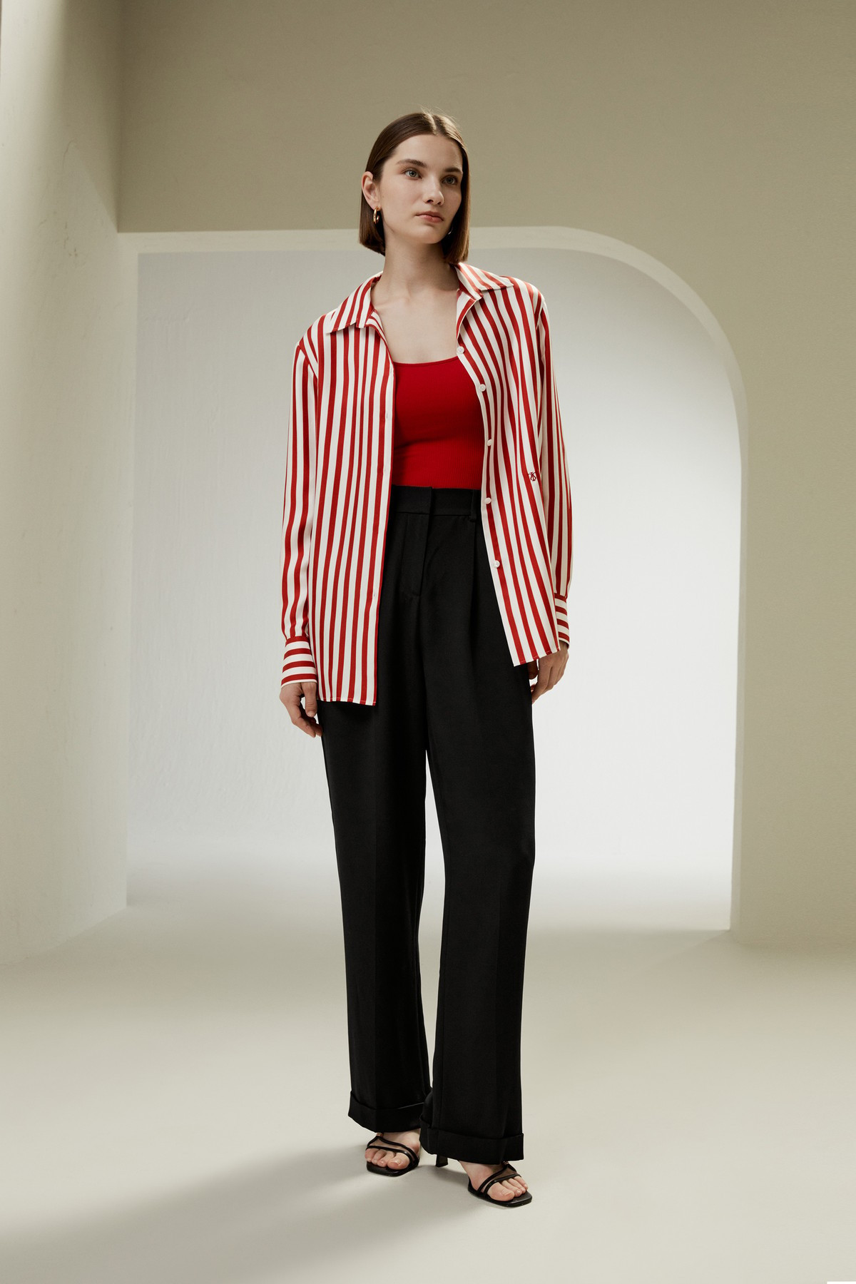 LILYSILK Fashion Red White and Striped Shirt | Silk Business | Womens Button Down Pinstripes Pure Comfortable Top M | LILYSILK