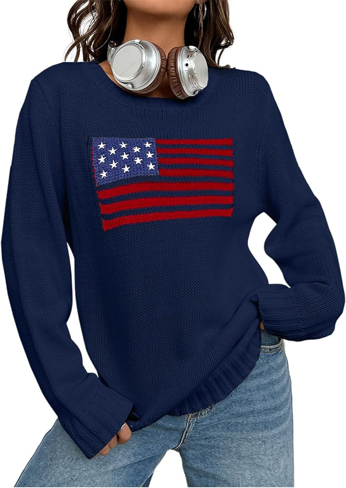 SweatyRocks Women's Flag Pattern Long Sleeve Round Neck Sweater Casual Loose Pullover Sweater | Amazon (US)