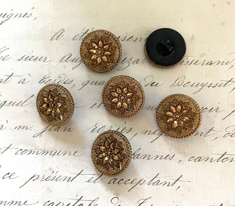 6 Vintage Antique Metallic Gold on Black Glass W/Glass Shank Buttons | Etsy (US)