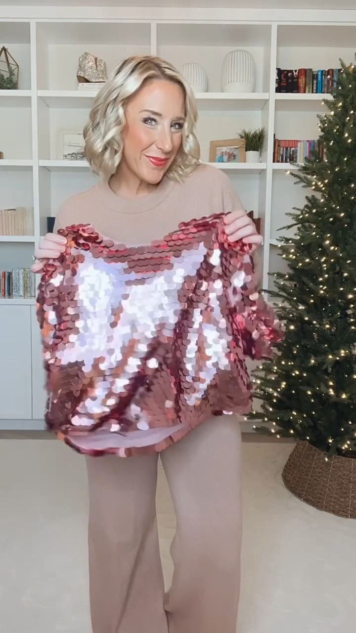 One pink sequin top, 4 ways: 1. Sequin top - size medium. 2. Satin trousers - size medium. 3. Flare pants - size medium petite. 4. Slip skirt - size medium. 5. Wide leg pants - size 4 (regular length). SHOES - tts & comfortable. Set at beginning - size medium.

#LTKSeasonal #LTKHoliday #LTKVideo