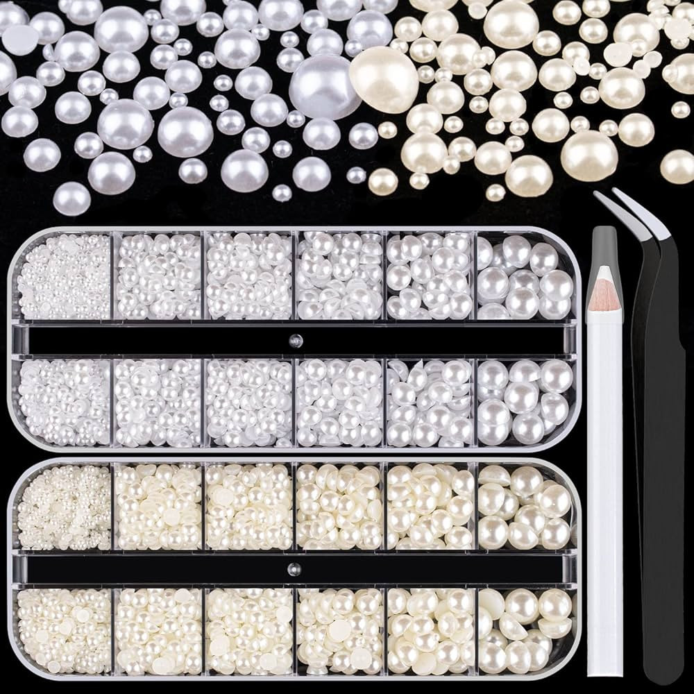 2700 Pcs Flat Back Pearls Kits 1 Box of Flatback White+1 Box of Beige Half Round Pearls with Pick... | Amazon (US)