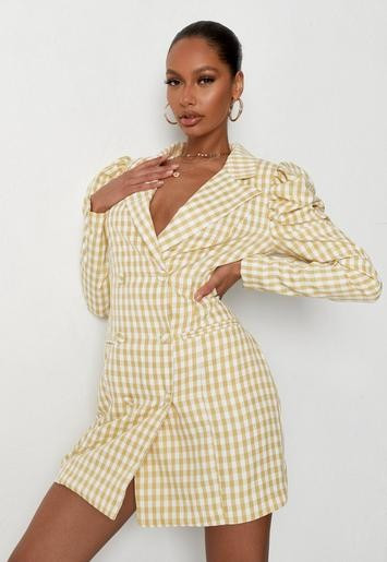 Yellow Gingham Puff Sleeve Blazer Dress | Missguided (US & CA)
