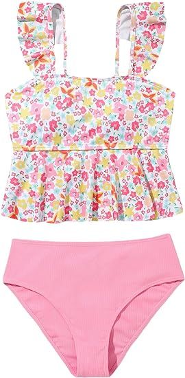 SOLY HUX Girl's Floral Print Ruffle Trim Bikini Swimsuit High Waisted 2 Piece Bathing Suit Swimwe... | Amazon (US)