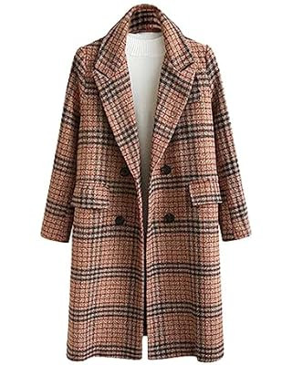 chouyatou Women's Classic Notched Collar Double Breasted Plaid Wool Blend Long Trench Coat | Amazon (US)