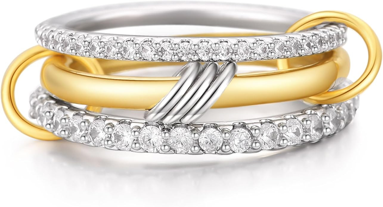 18K Gold Interlocked Stackable Rings for Women, Gold Silver Ring Stack Set, Mixed Metal Stacked, ... | Amazon (US)