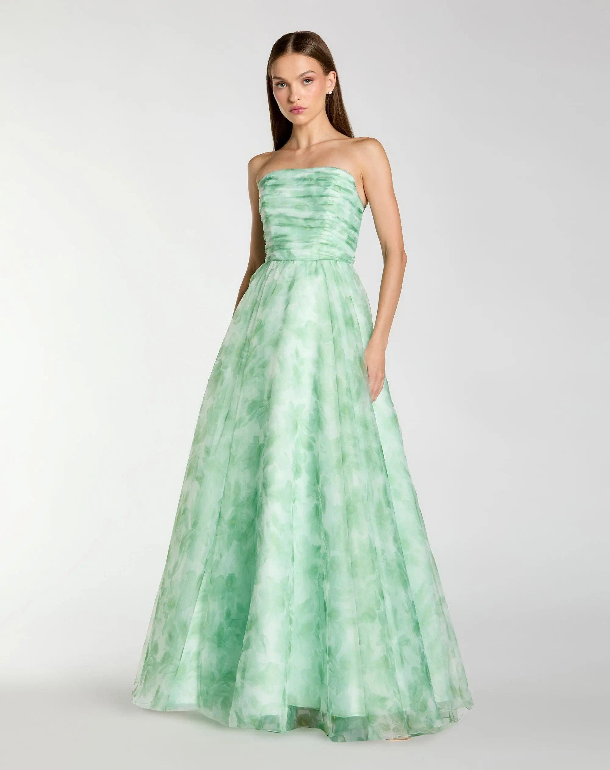 Green Strapless Floral Chiffon Gown with Ruched Detail | Mac Duggal | Mac Duggal