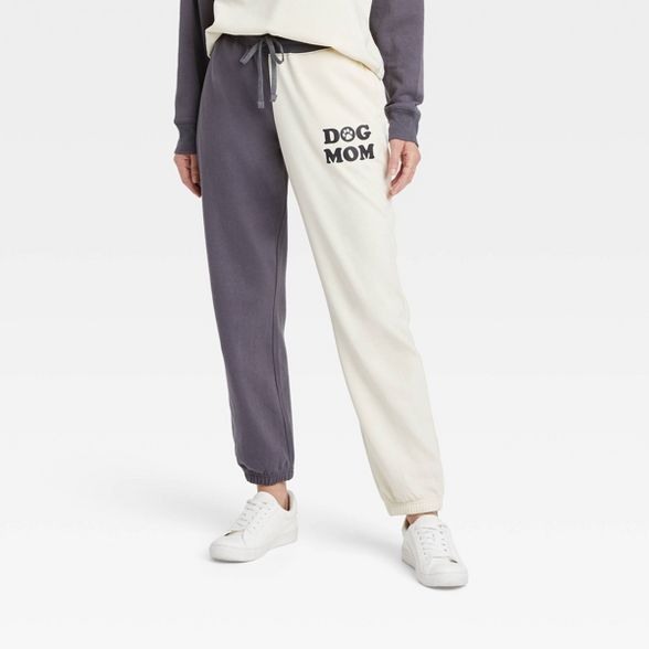 Women's Dog Mom Colorblock Graphic Jogger Pants - Off-White/Gray | Target