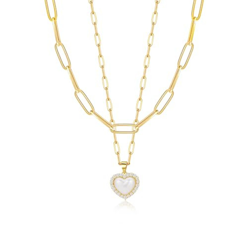 Heart Necklace Gold Charm Necklace Pearl Heart Necklace 14K Gold Paperclip Necklace Adjustable Dainty Layered Choker Necklace Rectangle Necklace Jewelry Gift for Women(Gray) | Amazon (US)