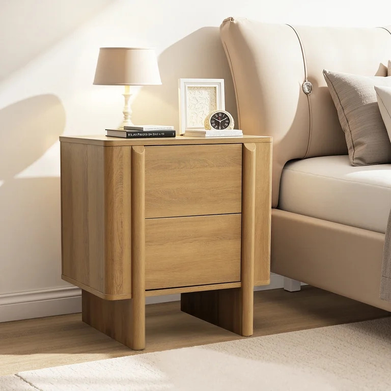 LuxenHome Mid-Century 2-Drawer Nightstand, 23.6'''' Engineered Wood Accent Table in Natural Wood | Walmart (US)