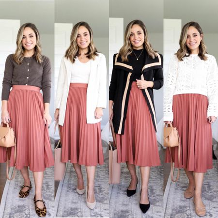 Capsule Series: Four Ways to Wear a Pleated Skirt 

Skirt: size small - the skirt is fully lined with a stretch waistband. The color is “brown” 

Outfit 1: 
Cardigan: xs 
Shoes: tts 

Outfit 2: 
Sweater blazer: xs 
Top: xs 
Shoes: tts 

Outfit 3: 
Cardigan: petite xxs 
Top: petite xxs 

Outfit 4: 
Top: xxs 
Shoes: tts 

Small bag: (can’t link) polene un nano in textured tan 

#LTKstyletip #LTKSeasonal