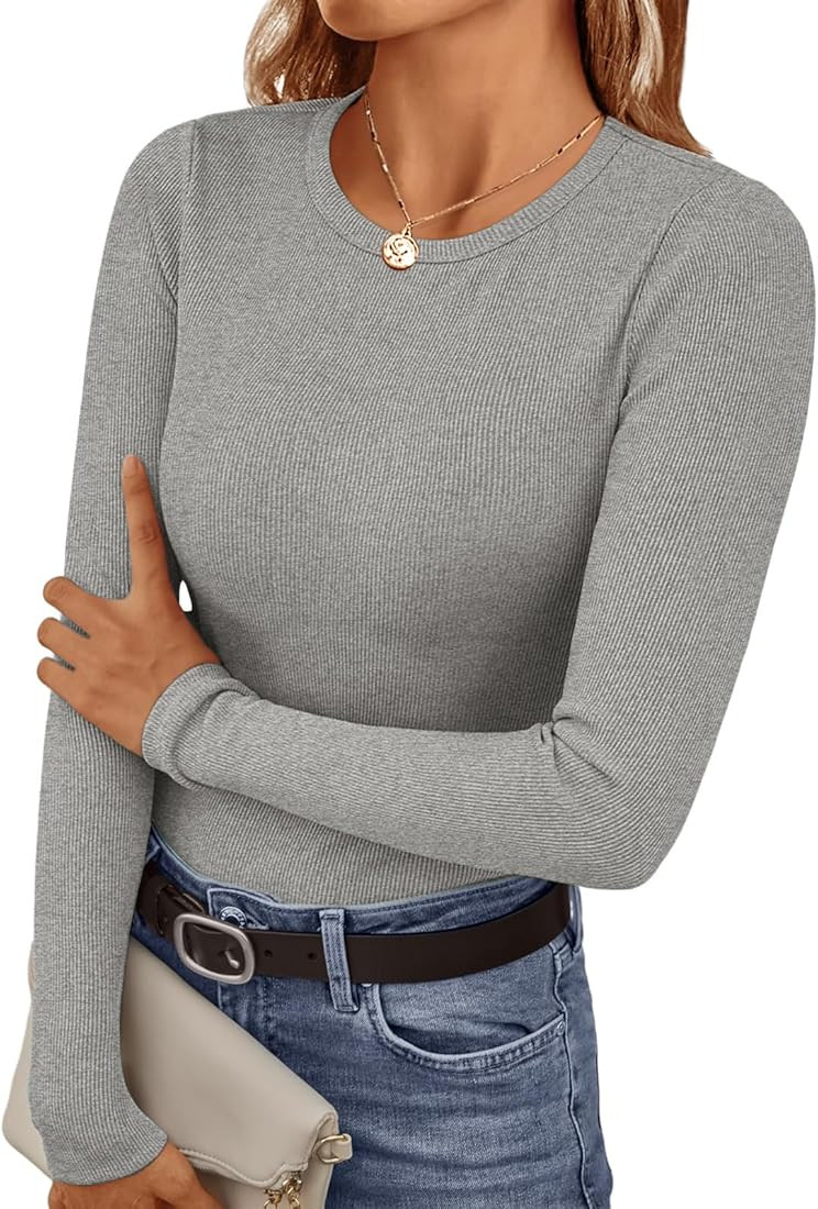 Ekouaer Womens Long Sleeve Shirts Crew Neck Stretchy Fitted Ribbed Tops Basic Base Layer Soft The... | Amazon (US)