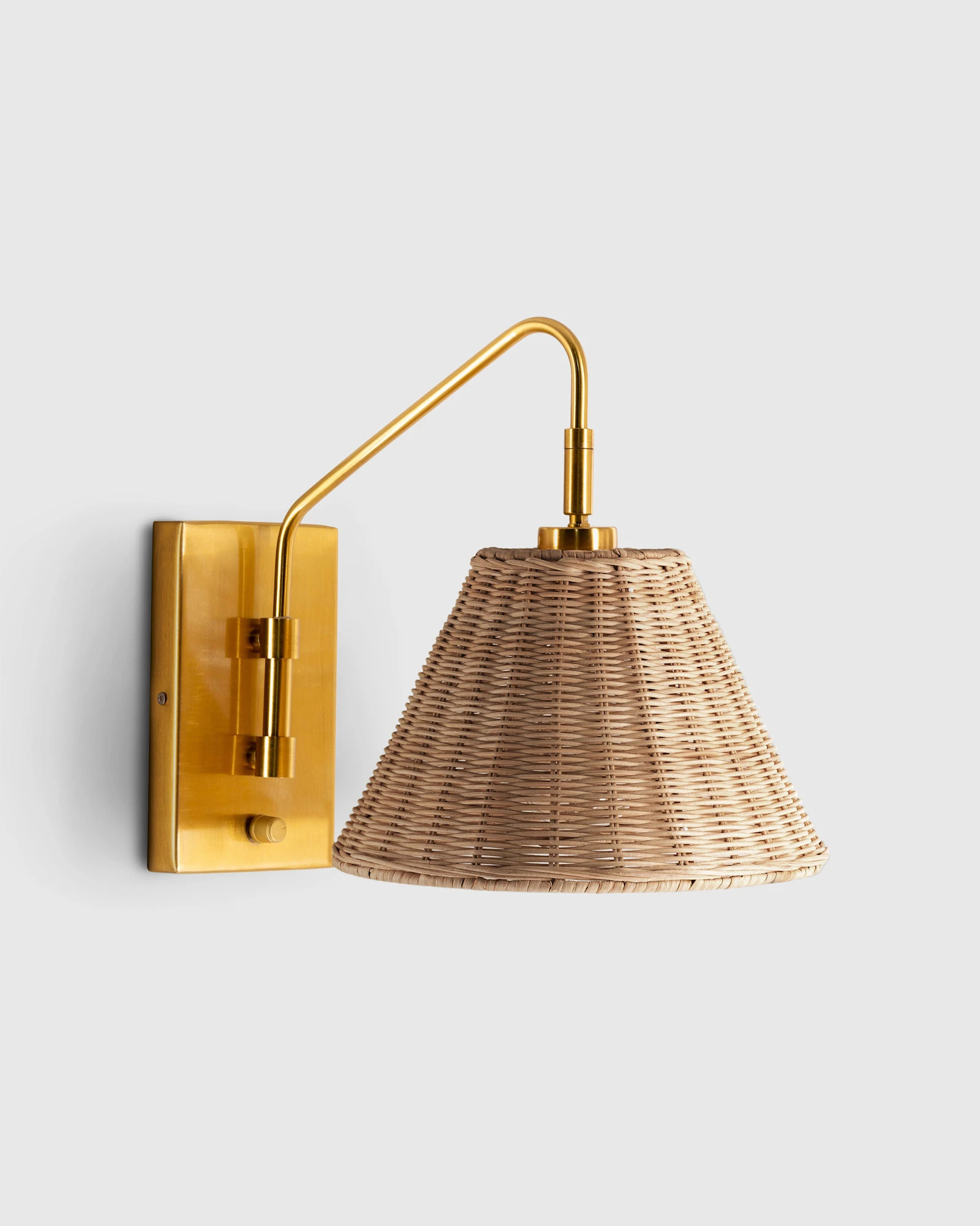Quince White Label | Articulating Sconce with Rattan Shade in Brass, Iron | Quince