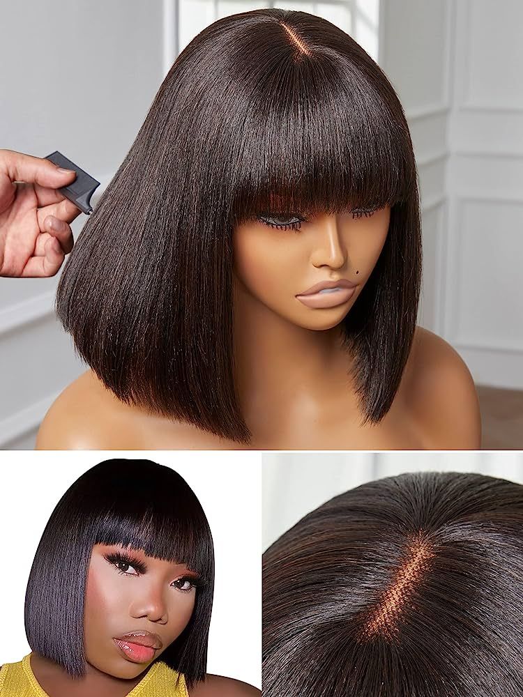 YASGRL 10" Light Yaki Straight Human Hair Bob Wig With Bangs Realistic Look HD Lace Glueless Wigs... | Amazon (US)