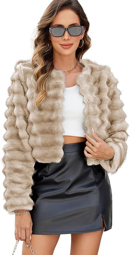 Womens Faux Fur Cropped Coats Fuzzy Long Sleeve Winter Jacket Coats | Open Front Cardigan Top, Fl... | Amazon (US)