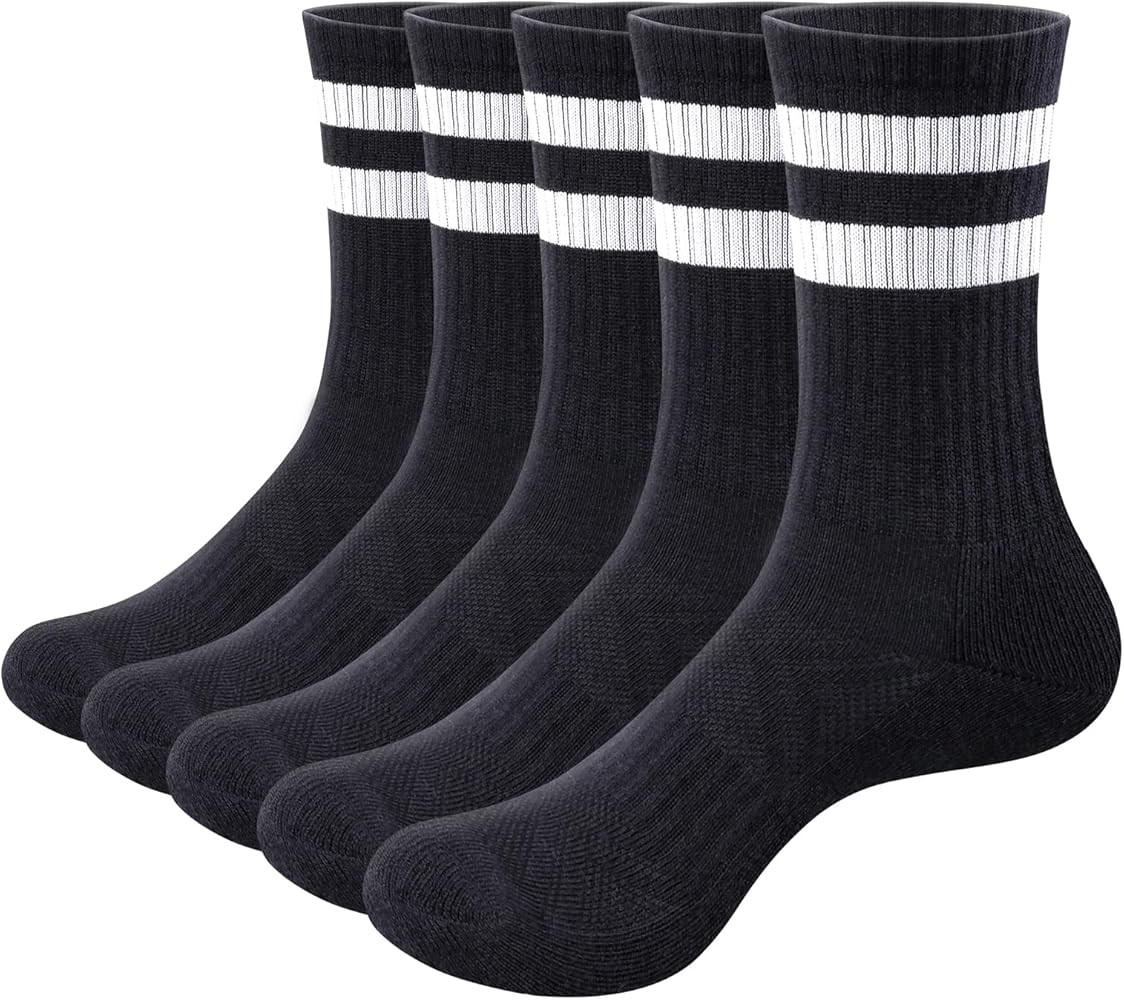 OUYJIA 5 Pairs Mens Striped Crew Socks Tall Gym Tennis Athletic Socks Wicking Cushioned Mens Sock... | Amazon (CA)