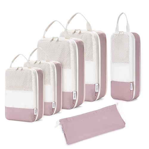 Narwey 6 Set Compression Packing Cubes for Travel Kids Women Carry on, Packing Organizers Bag for Backpack Luggage Suitcase Duffle Bags (Dusty Rose) | Amazon (US)