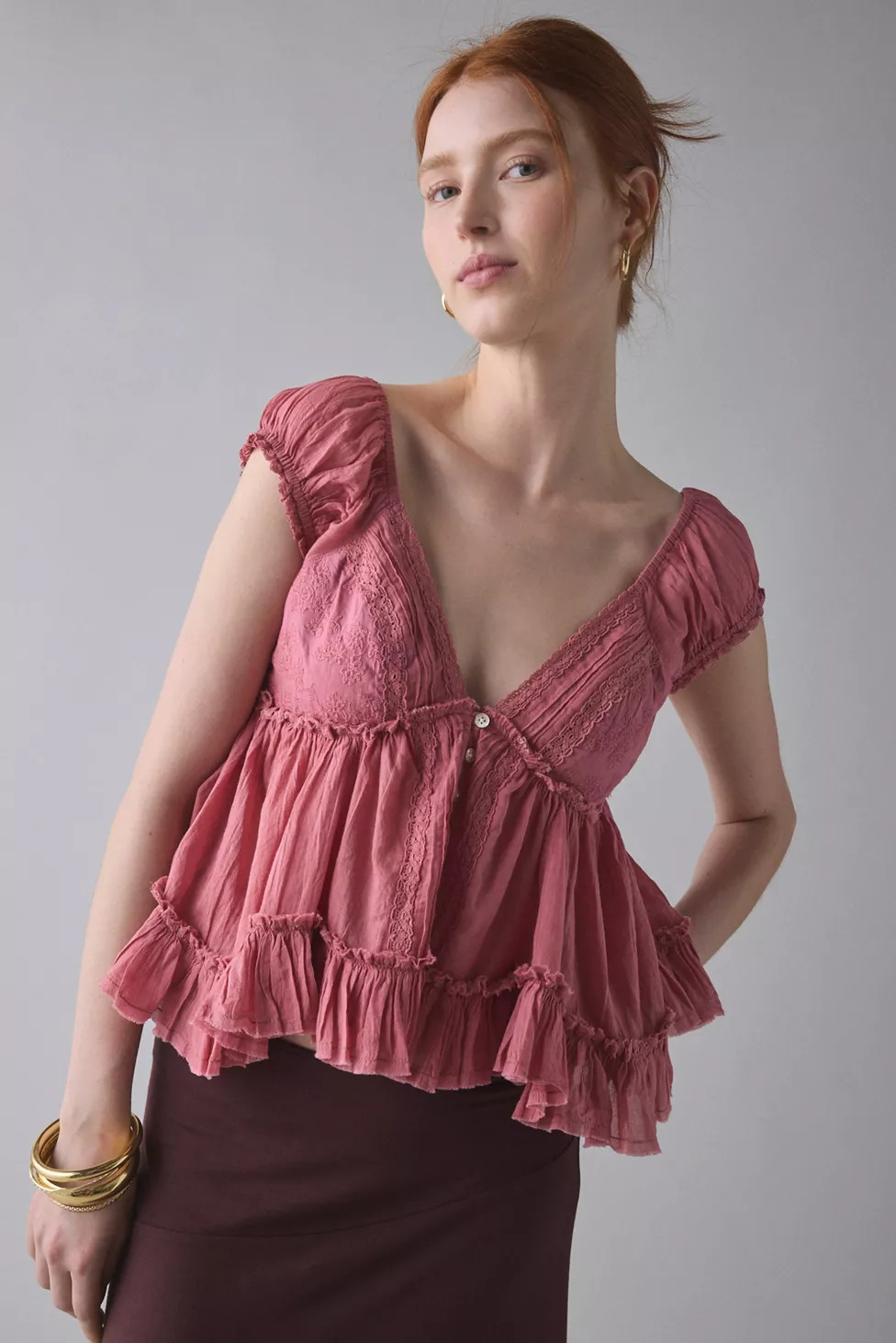 Kimchi Blue Izzy Lace Trim Button-Front Babydoll Blouse | Urban Outfitters (US and RoW)