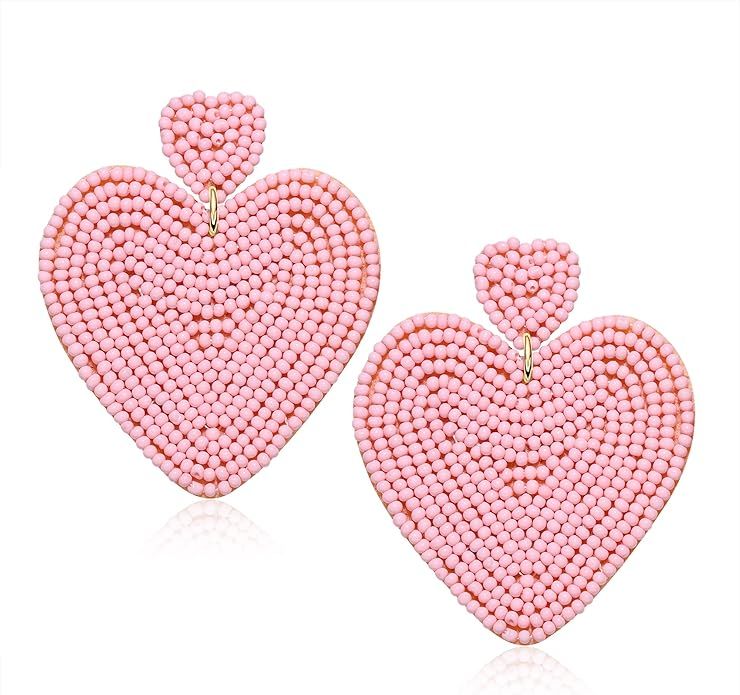 Heart Earrings for Women Hypoallergenic Beaded Statement Dangle Earrings Boho Handmade Red Love H... | Amazon (US)