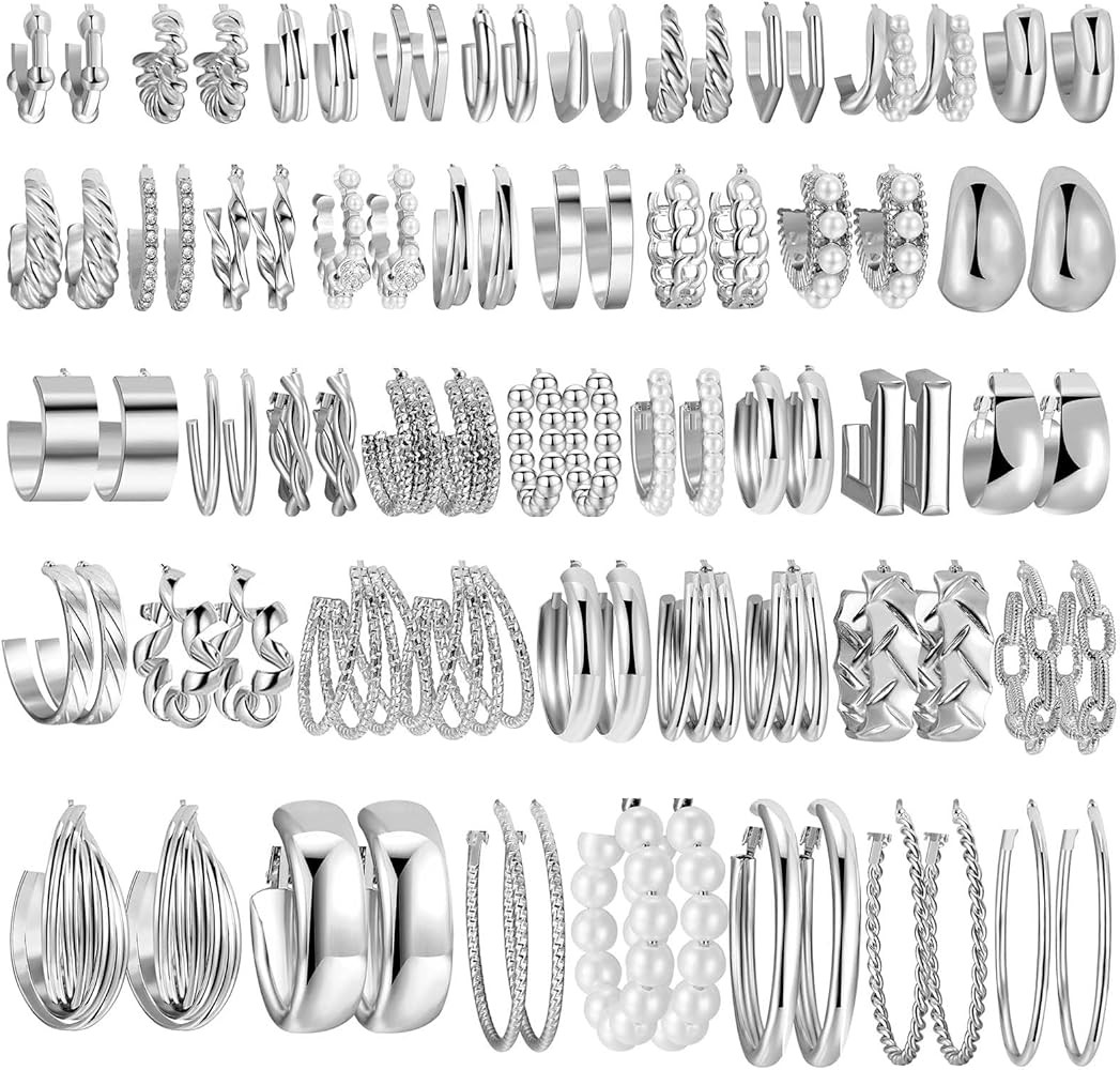 42 Pairs Gold Hoop Earrings Set for Women, Fashion Chunky Pearl Earrings Multipack Twisted Statem... | Amazon (US)