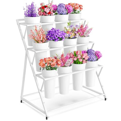 VGMiu Flower Display Stand with 12 Buckets, White Flower Cart with Wheels 3 Layers Metal Flower Bar Stand Moving Flower Stand Florist Bouquet Shelf for Weddings Party Ceremony Indoor Outdoor Garden | Amazon (US)