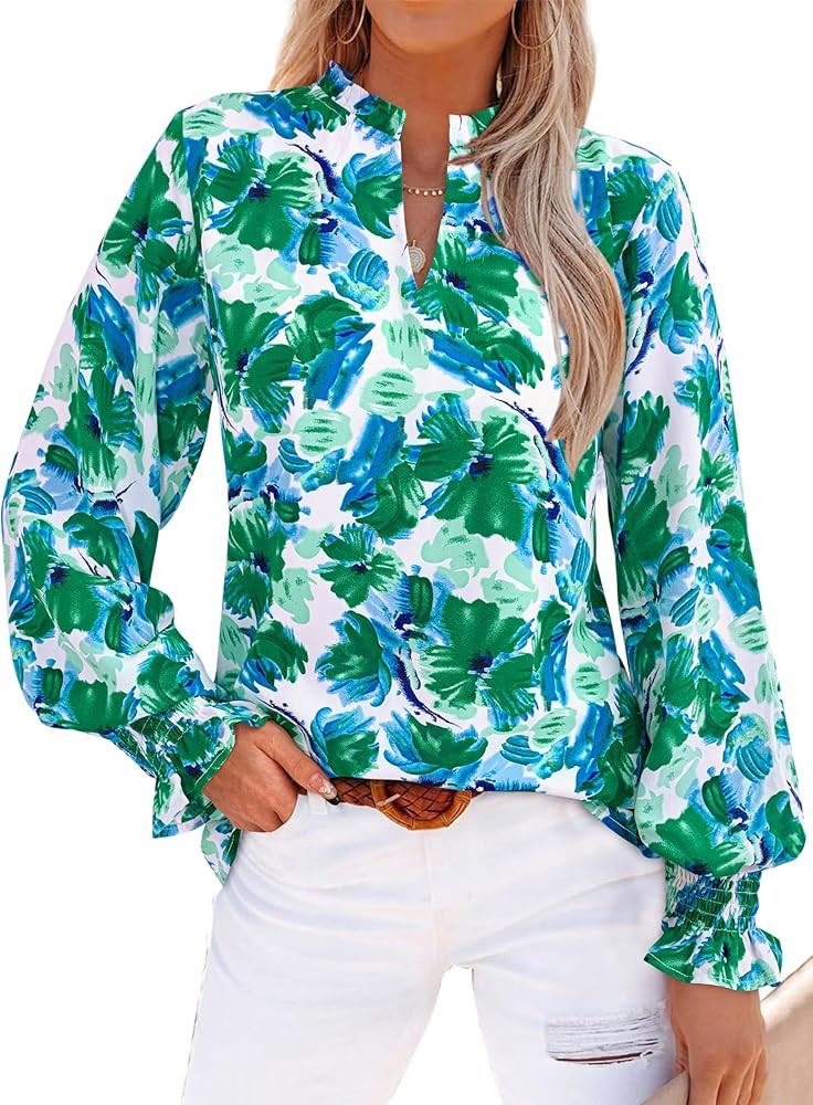 MASCOMODA Womens V Neck Floral Long Sleeve Tops 2025 Summer Casual Loose Puff Sleeve Chiffon Boho... | Amazon (US)