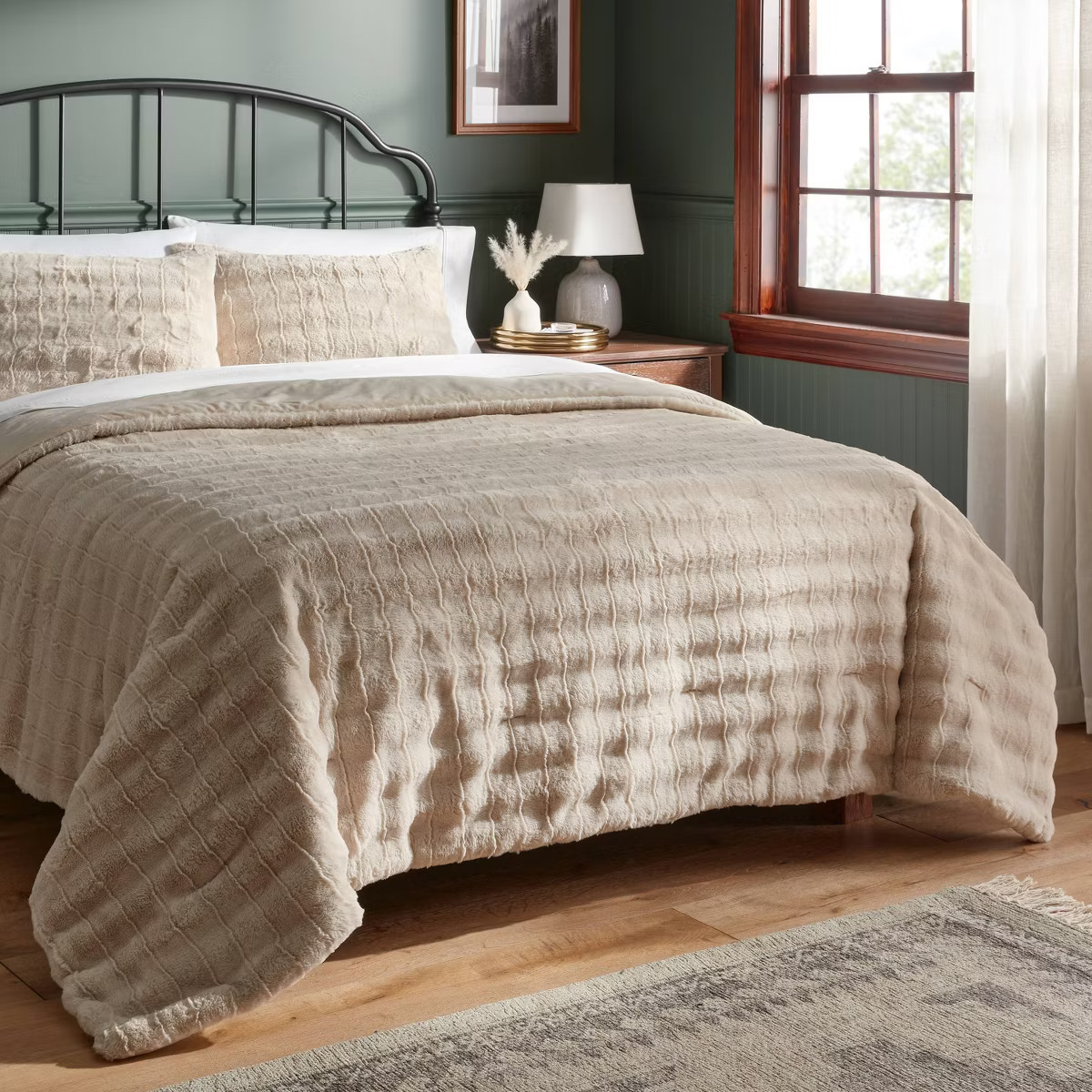 Full/Queen Sculpted Faux Fur Comforter and Sham Set Khaki - Threshold™ | Target