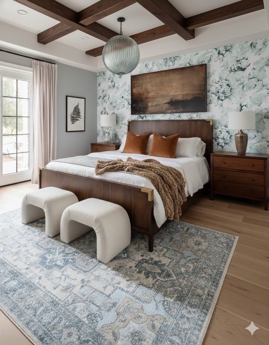Bedroom Refresh : Shop The Look.
A fresh yet grounded bedroom design that perfectly balances softness and structure 
This space pairs warm walnut furniture with cool blue-green tones, creating a calm and elevated retreat. The floral statement wallpaper adds depth and gentle movement behind a modern wood bed with brass detailing, while caramel velvet pillows and a chunky knit throw bring cozy contrast.

The vintage-inspired blue area rug softly ties the palette together, echoing the ribbed glass pendant light above and the exposed oak ceiling beams that frame the room with warmth. Two ivory boucle stools at the foot of the bed complete the look — structured, textural, and effortlessly elegant.

#LTKsale #LTKhome #LTKstyletip