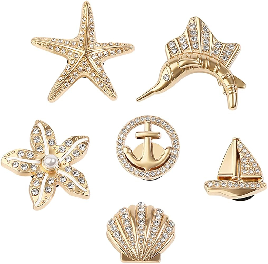 Gold-Toned Nautical Ocean Shoe Charms with Crystals, Starfish, Sailboat & Shell Decorations for C... | Amazon (US)
