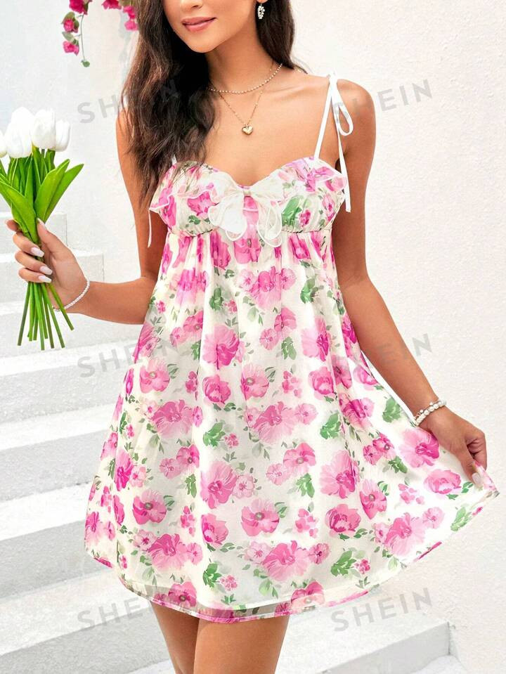 SHEIN WYWH Ladies' Floral Printed Dress Decorated With Bowknots And Spaghetti Straps | SHEIN