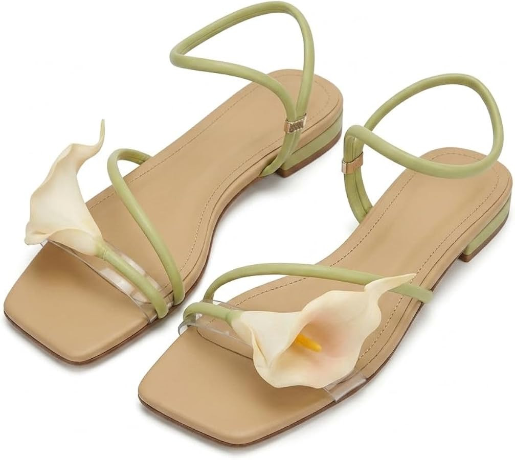 Calla Lily Decor Square Open Toe Flat Sandals for Women Ankle Strap Low Block Heels Slip On Summe... | Amazon (US)