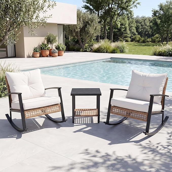 3-Piece Rocking Bistro Set, Outdoor Patio Furniture with 2-Tier Coffee Table, Oversize Rattan Con... | Amazon (US)