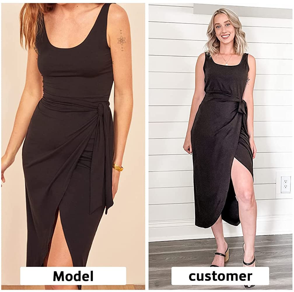 EXLURA Women's Summer Sleeveless Solid Split Front Bodycon Midi Tank Dress with Belt | Amazon (US)