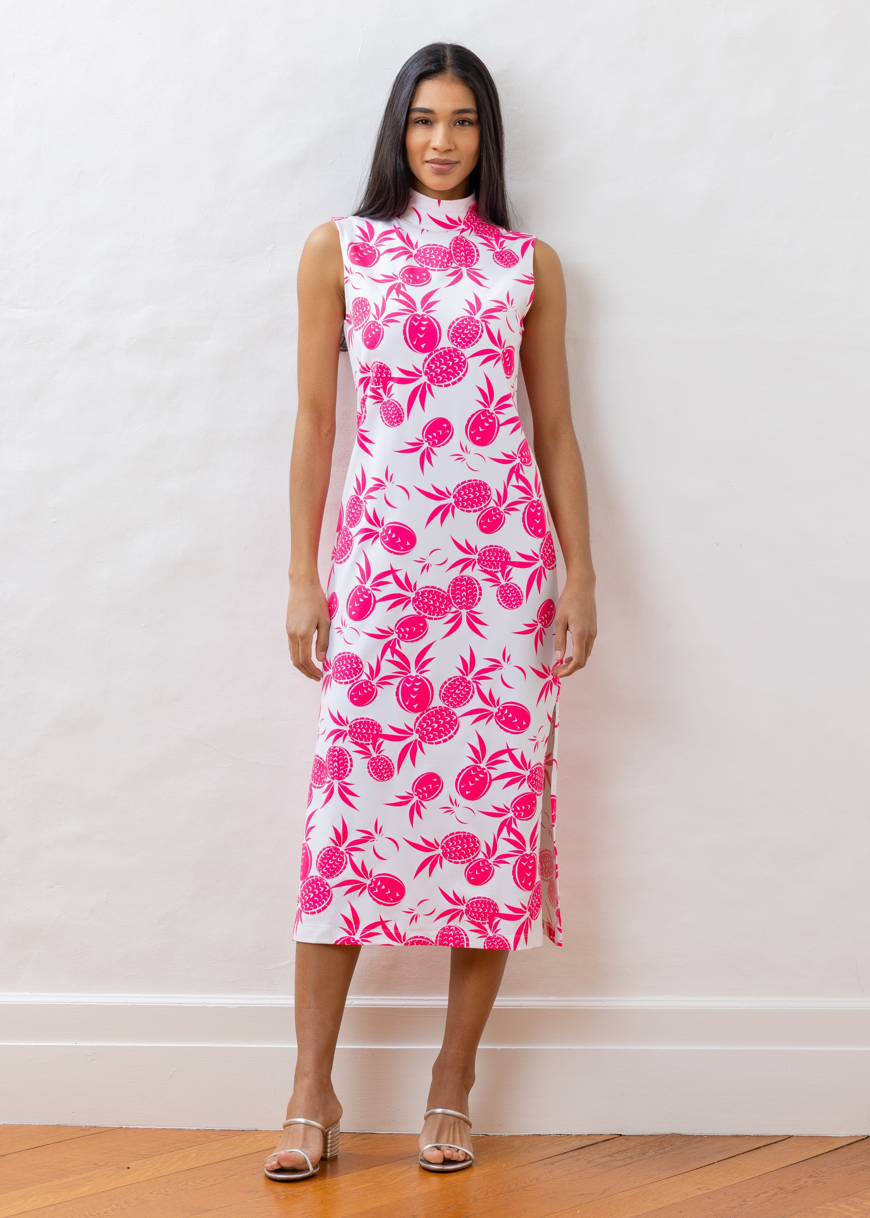 Lauren Maxi Dress in Repreve® Jersey (Pink Pineapple Print) | Dudley Stephens