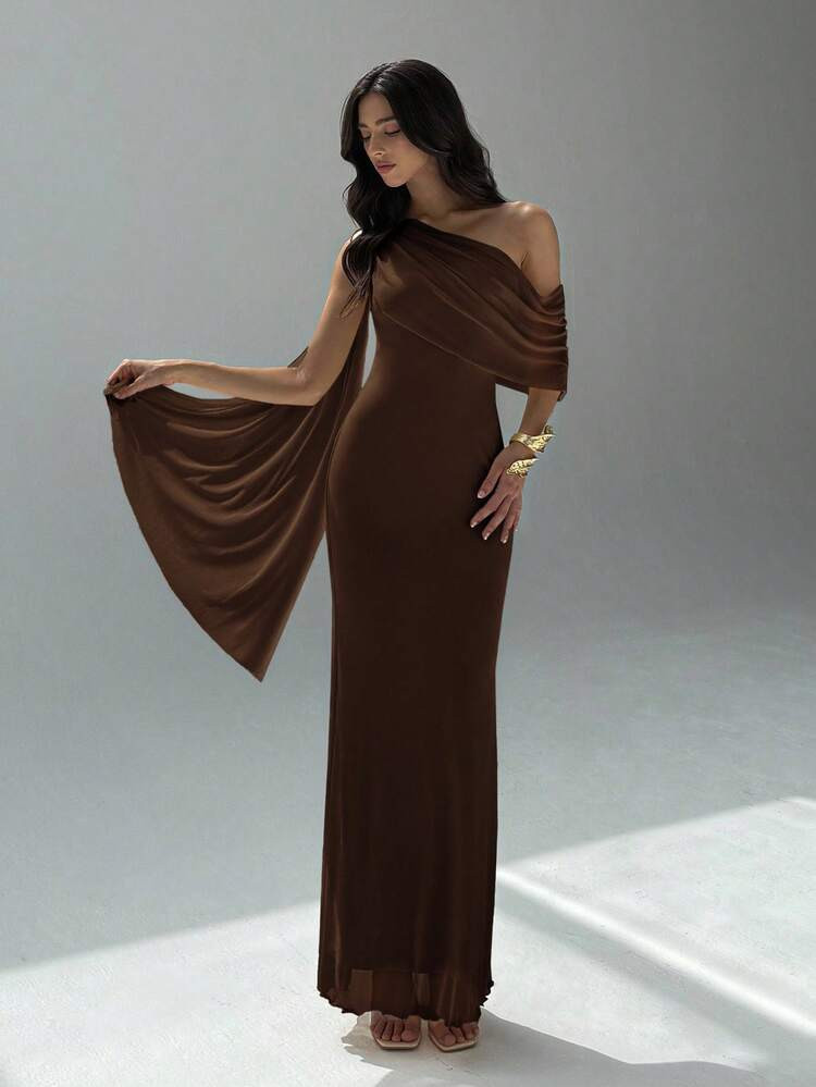 Aloruh Vestido Asimétrico De Hombro De Unicolor Elegante Para Mujer | SHEIN