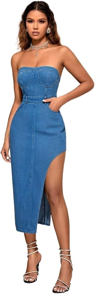 KARFRI 2024 Summer Sleeveless Dress for Women Slit Thigh Tube Denim Dress | Amazon (US)