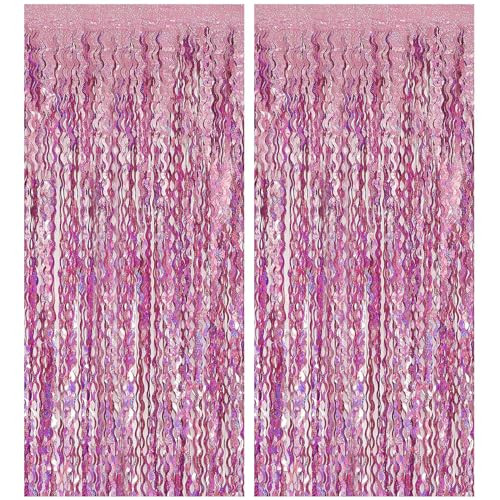 Pink Streamers Fringe Backdrop Party Decorations Tinsel Foil Fringe Curtains Wavy Sparkle Metallic Pink Curtain Photo Booth Props for Birthday Wedding Valentines Day Bachelorette Decorations | Amazon (US)