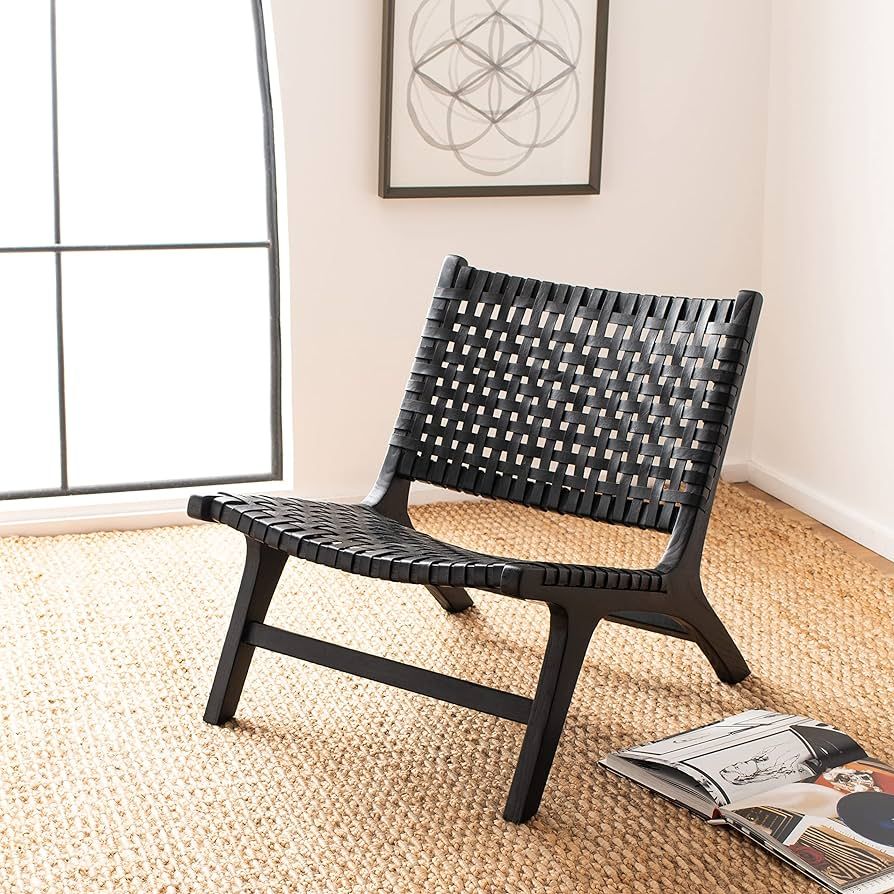 Safavieh Home Luna Black and Black Leather Woven Accent Chair | Amazon (US)