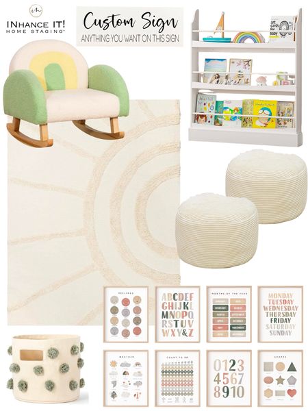 Nursery/playroom decor 💚🤍
#home #decor #nursery #playroom #kidsroom #rug #chair #art #bookshelf

#LTKhome