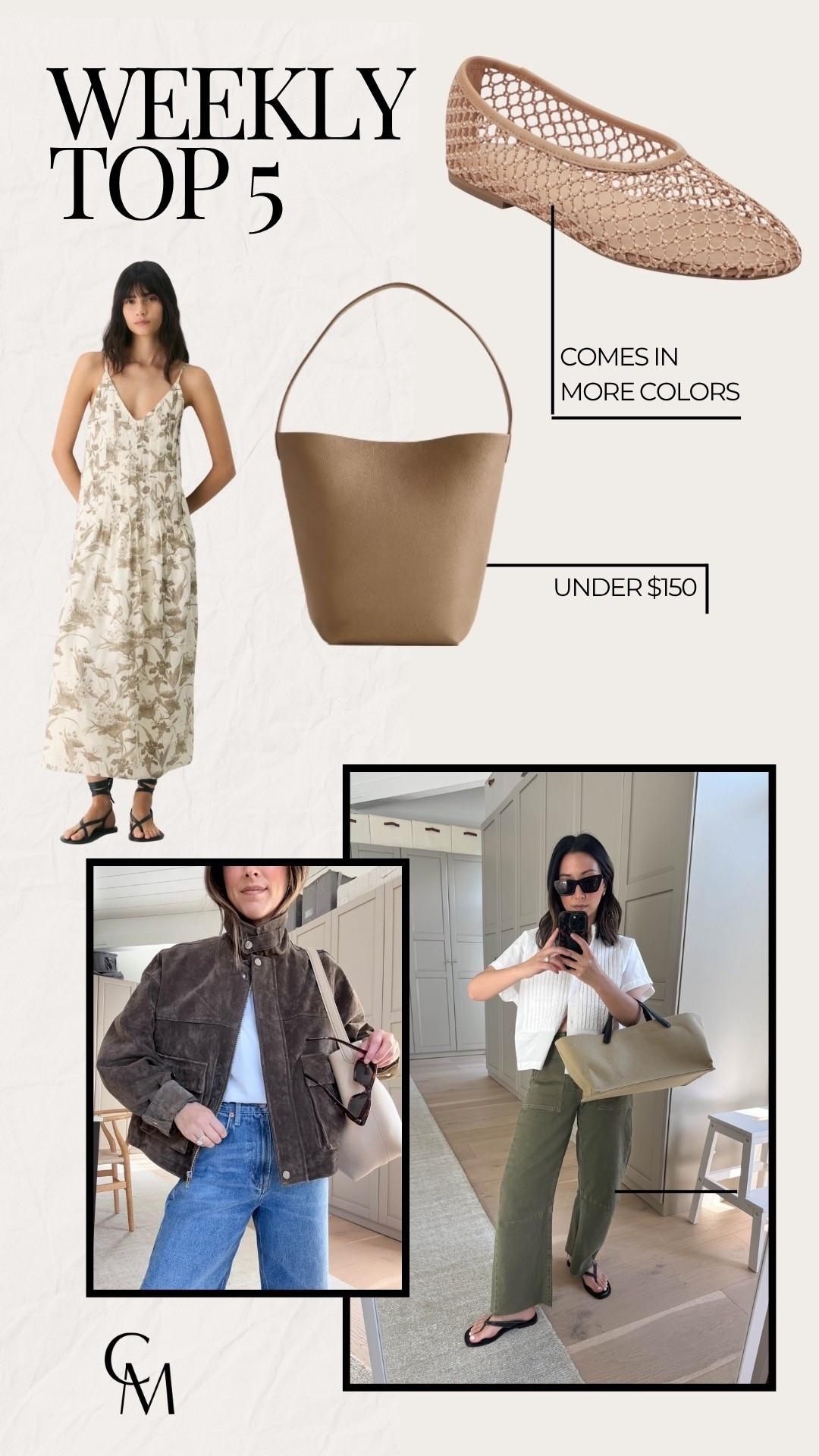 Weekly top 5. Weekly bestsellers. 

Marc fisher Jazlyn netted flats- great price that look my staud flats. Run a half size big.
Zara leather bomber jacket xs
Quince leather bucket bag
Le Jean utility barrel jeans 25 
Aritzia casbah linen dress xs

Petite style, spring style, dresses, spring dresses, 