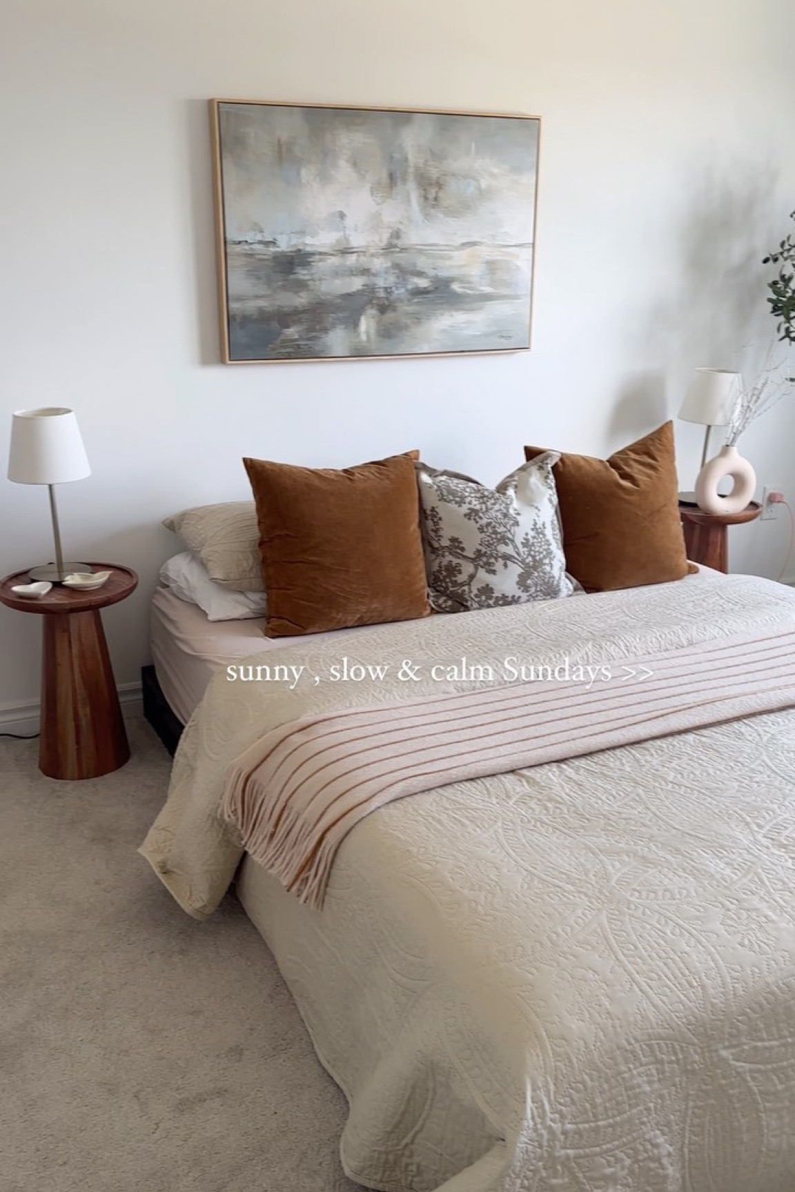 Modern , organic and neutral aesthetics in our primary bedroom ! Can you believe that I rearranged this space atleast three times before I was finally happy with how it looked ? 

Hoping to add custom curtains to the window and will take you along on the journey . 

Here are a few things , I get asked about a lot 
- side tables @homesensecanada 
- throw cushions @hmhome 
- floor mirror @homesensecanada 
- bed frame @amazonca 

Happy Sunday ! May you all find the restful moments in your day 🤍🕊️

Exact items linked on my @shop.ltk . The link is in my bio ☺️

#homestyle#bedroom#organic#calm#modern#minimalaesthetic#homedecor#ontarioblogger#myhomefinds#blogger#cozyvibes#ontarioliving#homeinspo