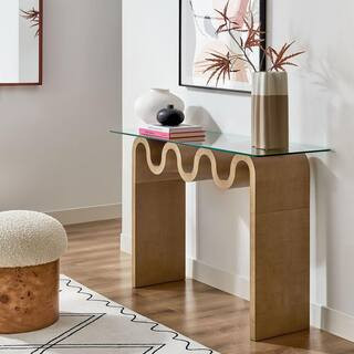 Ondine Glass Console Table in Natural - Retro Vintage 15.98 in. Squiggle Sofa Table with Tempered Glass Top | The Home Depot