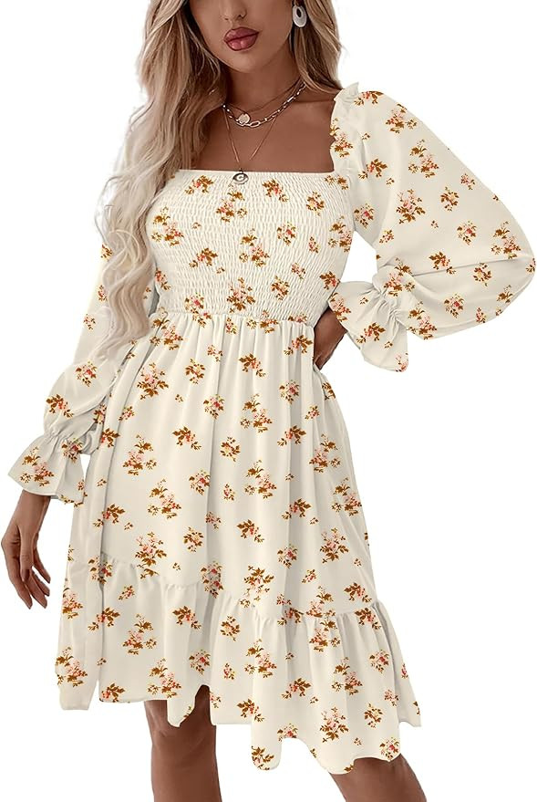 LYANER Women's Square Neck Lantern Long Sleeve Ruffle Shirred Flowy Party Mini Dress | Amazon (US)