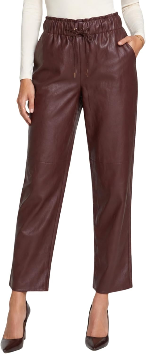 Womens High Waist Faux Leather Pants Drawstring Straight Leg Trousers | Amazon (US)
