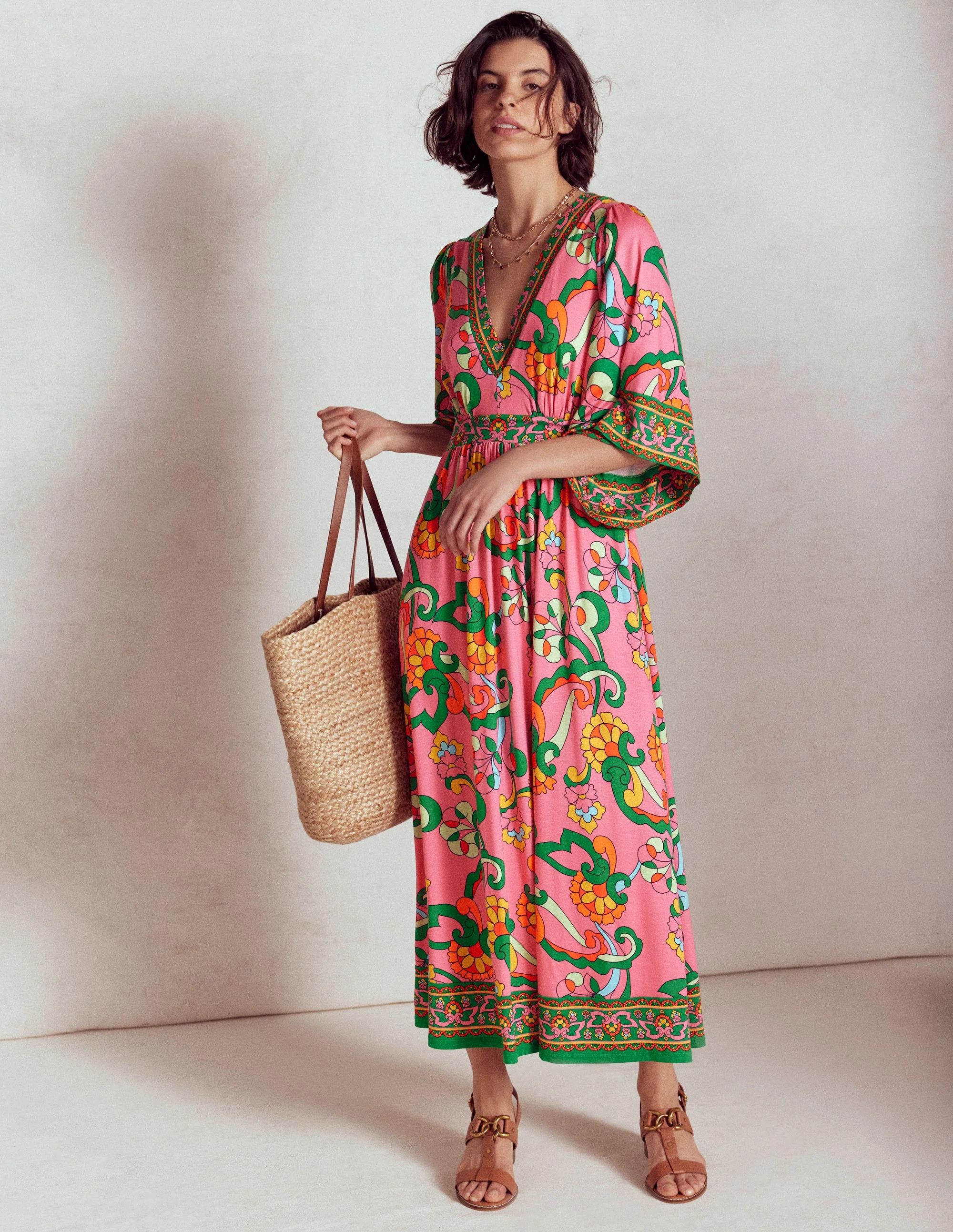 Maya Kimono Jersey Maxi Dress-Pink Rose, Foliage Trail | Boden (US)